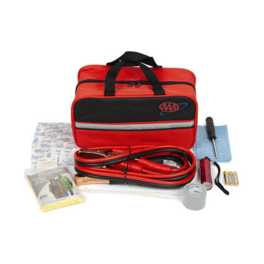 Red roadside emergency kit bag with jumper cables, flashlight, duct tape, and tools