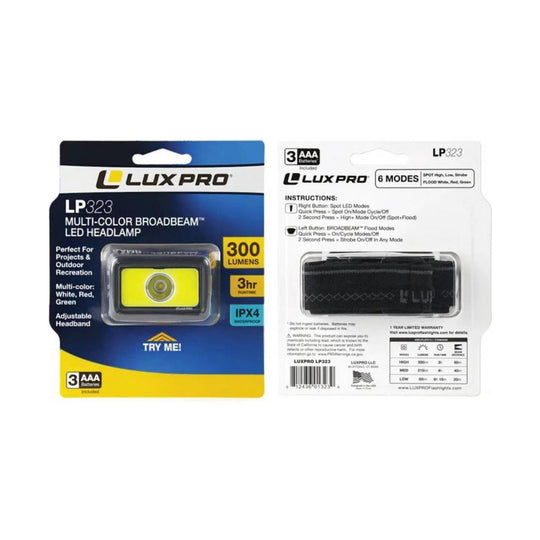 Front and back packaging for a black headlamp with yellow light panel, showing 300 lumens and 6 modes.