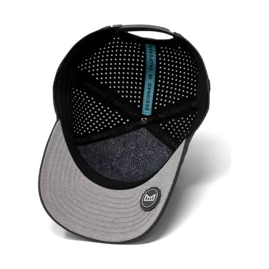 Gray and black baseball cap shown from the inside, with a perforated crown and teal strap reading "DESIGNED IN CALIFORNIA"
