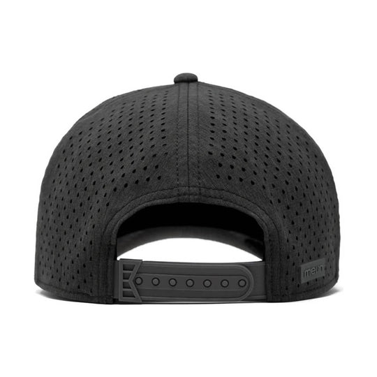Black perforated mesh snapback cap shown from the back with an adjustable strap and small logo patch