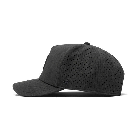 Dark charcoal mesh baseball cap with curved brim and small front logo patch