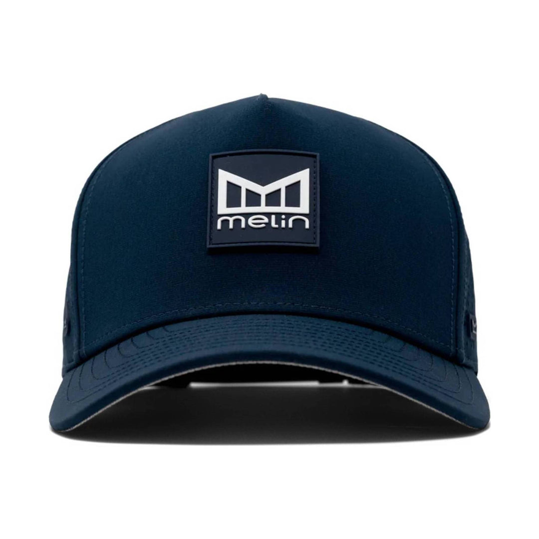 Navy baseball cap with a square melin logo patch on the front