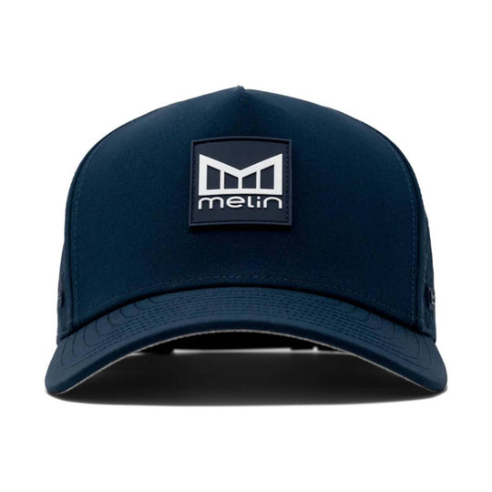 Navy baseball cap with a square melin logo patch on the front