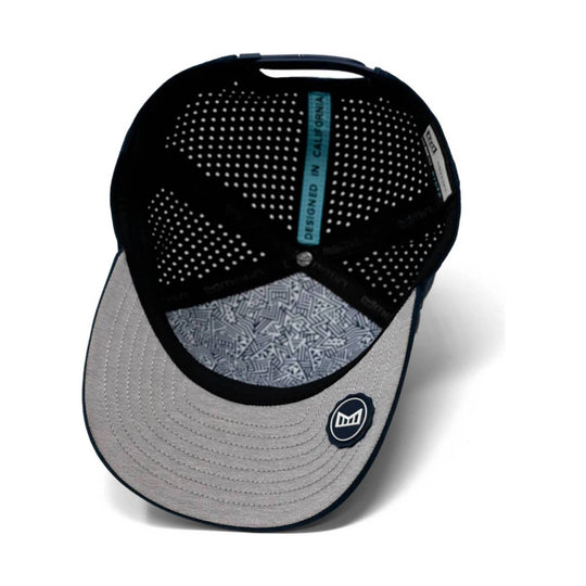 Black and gray baseball cap shown underside up, with perforated crown, patterned underbrim, and front logo patch.