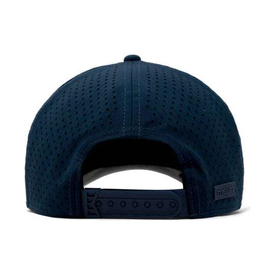 Navy perforated mesh baseball cap shown from the back with an adjustable snapback closure