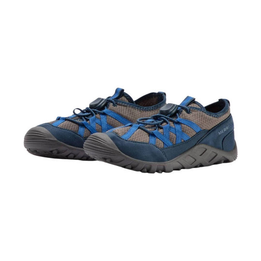 Blue and gray kids' trail shoes with bungee laces and thick rubber soles