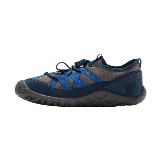 Gray and navy closed-toe kids shoe with bright blue crisscross straps and a thick black sole