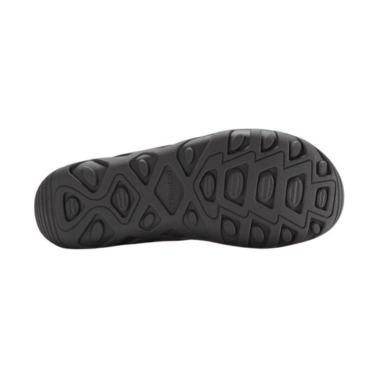 Black rubber shoe outsole with deep tread pattern and Merrell logo