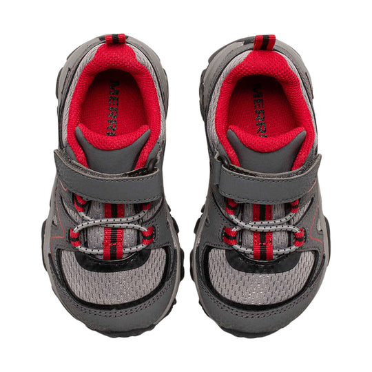 Pair of gray and red kids' trail shoes with hook-and-loop straps and bungee laces, viewed from above