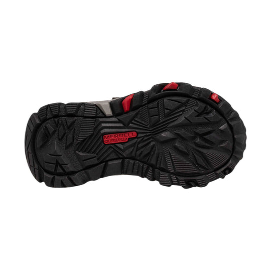 Black hiking shoe outsole with red traction inserts and Merrell Select Grip text