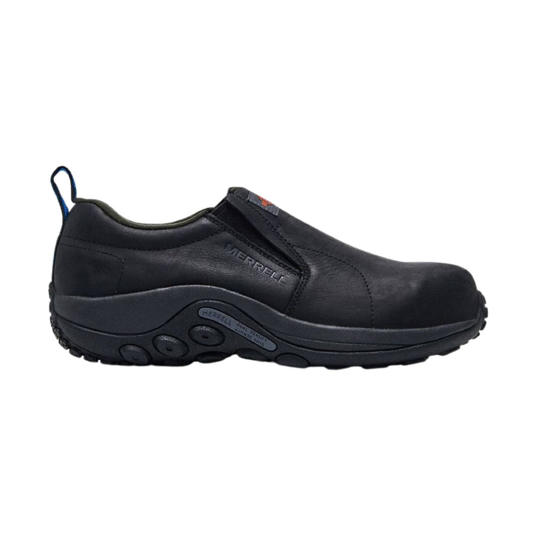 Black slip-on work shoe with a round toe, side pull loop, and chunky treaded sole