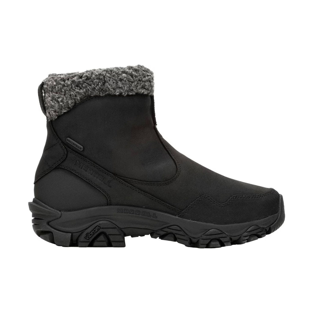 Black insulated mid-height winter boot with gray faux-fur collar and rugged tread sole