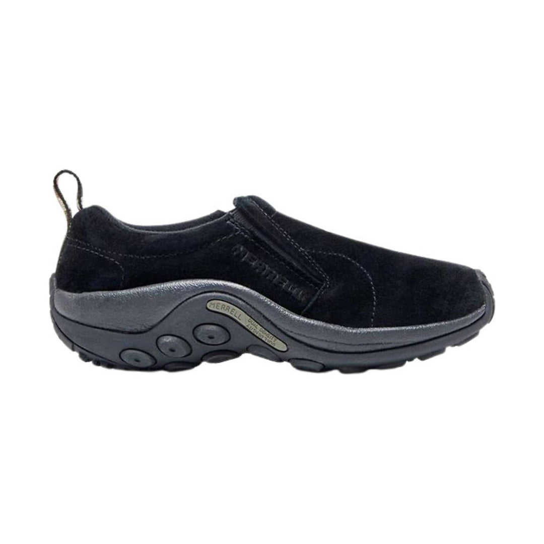 Black slip-on shoe with suede upper, gray outsole, and heel pull tab
