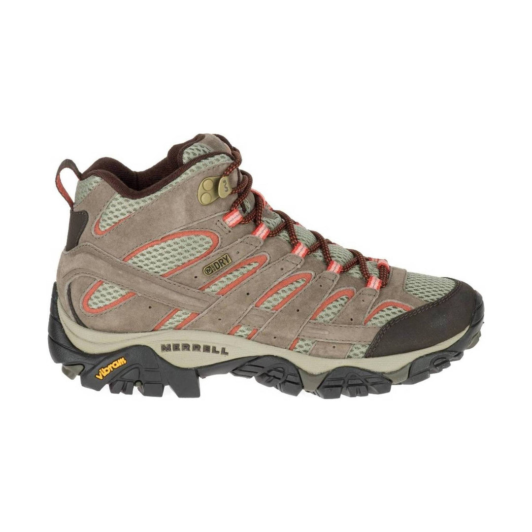 Mid-height hiking boot in taupe, green, and brown with mesh panels, orange trim, and a lugged sole