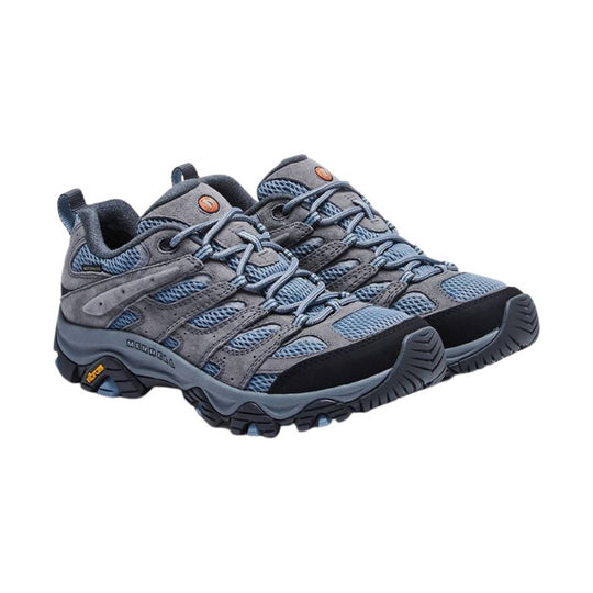 Gray and blue low-cut hiking shoes with mesh panels, bungee laces, and rugged tread