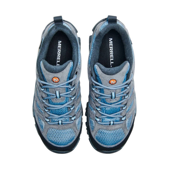 Gray and blue hiking shoes with mesh panels, bungee laces, and thick black soles, viewed from above