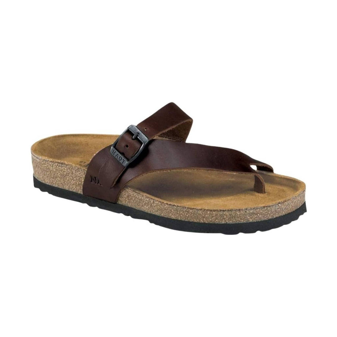 Brown leather thong sandal with cork footbed and black sole