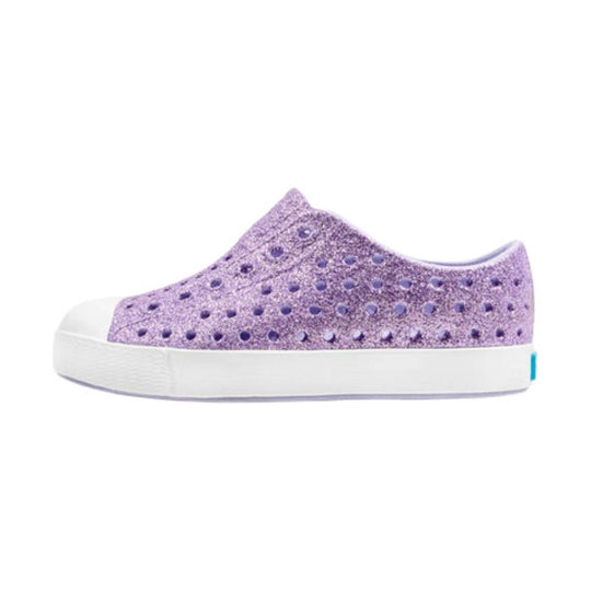 Purple glitter infant slip-on sneaker with white rubber sole and perforated upper