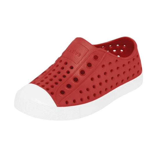 Red perforated slip-on clog with a white sole