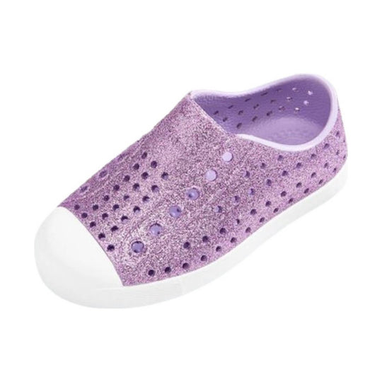 Purple glitter slip-on clog with perforated upper and white sole