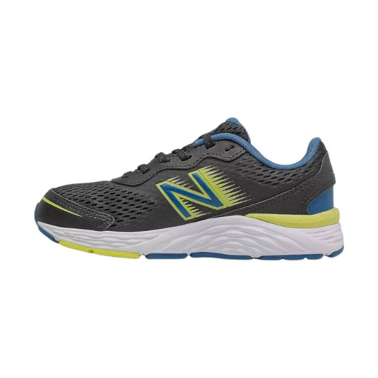 Black running shoe with blue collar, lime accents, and white cushioned sole