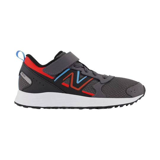 Gray kids' athletic sneaker with red and blue accents, hook-and-loop strap, and white foam sole