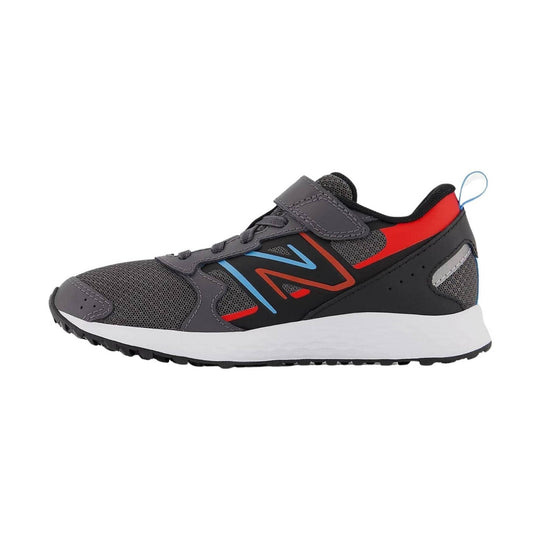 Gray and black kids' sneaker with red and blue accents, hook-and-loop strap, and white midsole