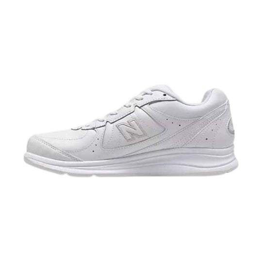 White low-top walking sneaker with a cushioned sole and side logo