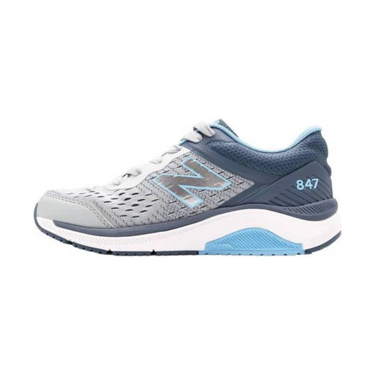 Gray and navy athletic walking shoe with light blue accents and visible 847 marking