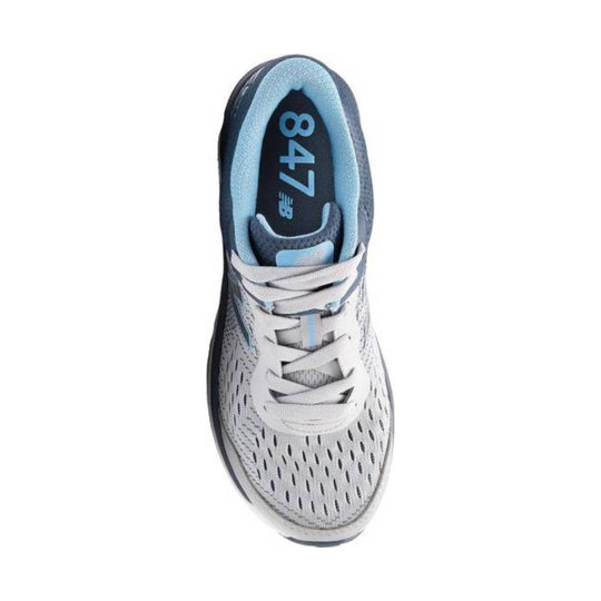 Light gray and blue walking shoe, top view, with white laces and 847 visible on the insole