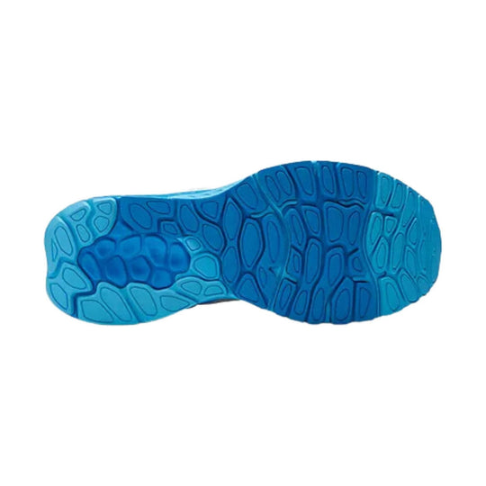 Blue running shoe outsole with deep tread and textured traction pattern