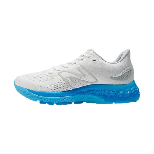 White running shoe with a bright blue sole, side view