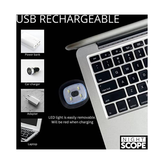 USB rechargeable clip-on LED light shown on a laptop, with mounting options and Night Scope branding