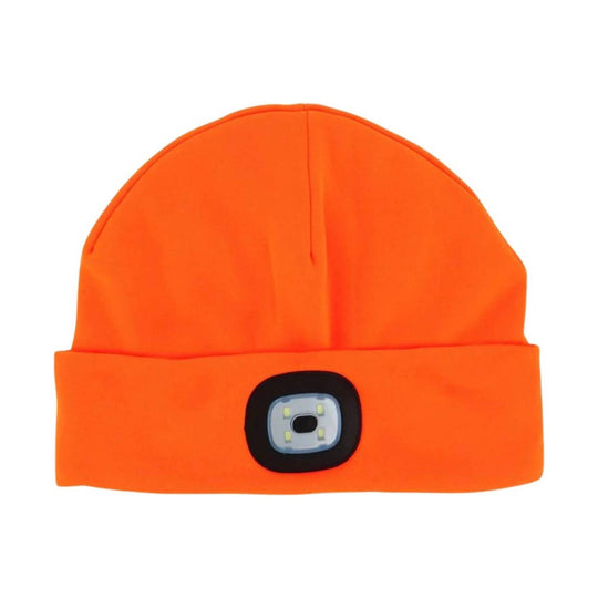 Bright orange beanie with a black square front patch and reflective safety light