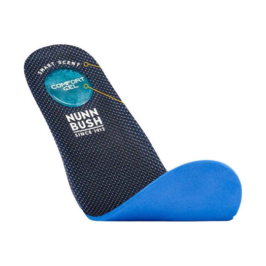 Black and blue contoured shoe insole with gel heel cushion and visible branding
