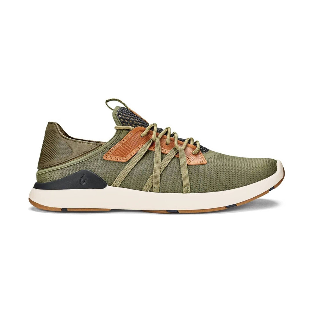 Olive knit sneaker with tan overlays, bungee laces, and a white sole
