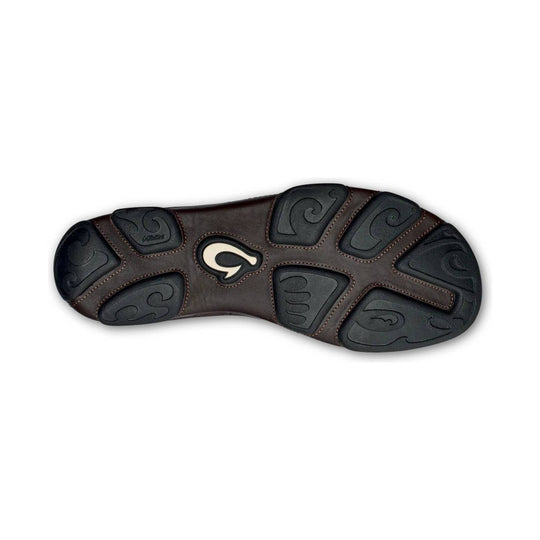 Brown and black sandal outsole with segmented tread and a small logo in the center