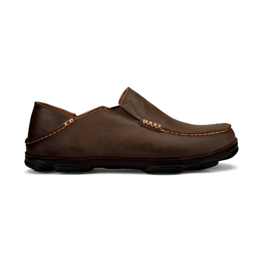 Brown leather slip-on moccasin shoe with hand-stitched seam and black sole