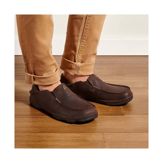 Dark brown slip-on leather loafers with moccasin stitching and black soles