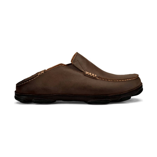 Brown leather slip-on loafer with moccasin stitching and a black rubber sole
