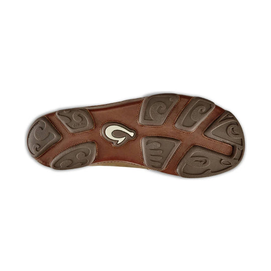 Brown leather sandal sole with gray rubber tread pods and a central logo cutout