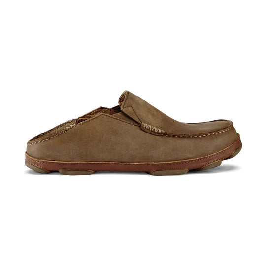 Brown suede moccasin-style slip-on shoe with hand-stitched seams and a rubber sole