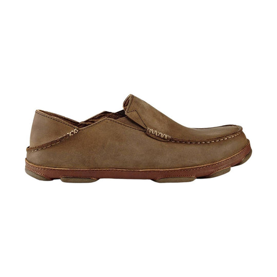 Brown suede slip-on moccasin with stitched sole and elastic side gore