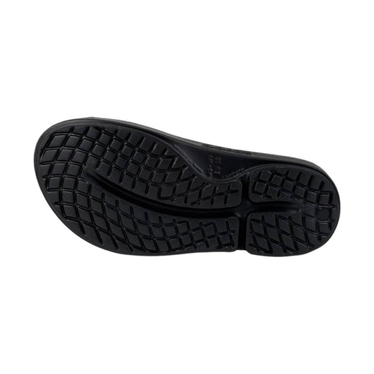 Black slide sandal outsole with deep tread pattern