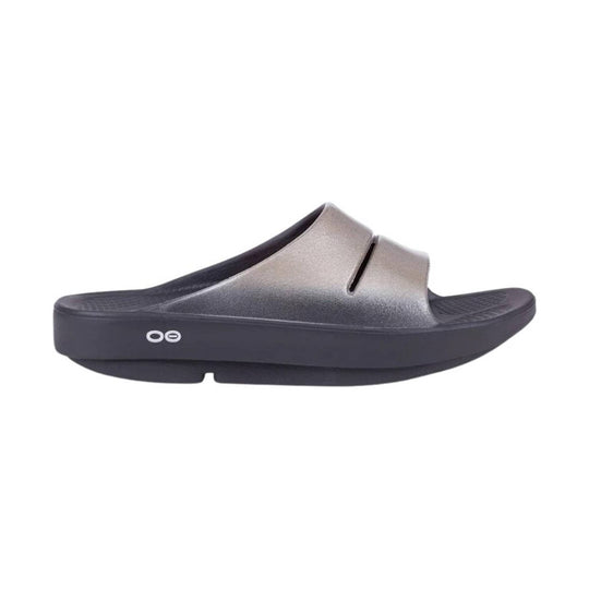 Gray slip-on sandal with a thick black platform sole and open toe