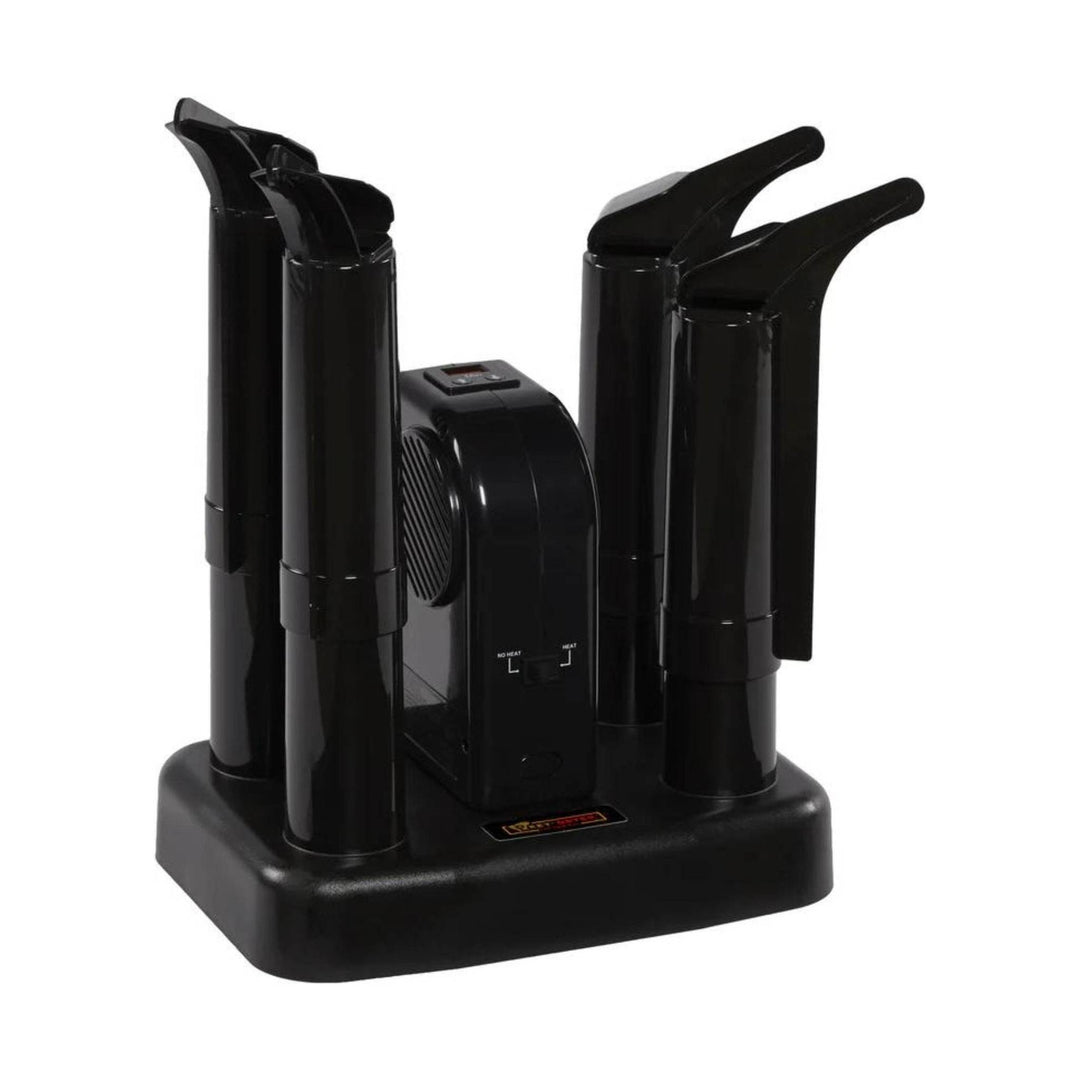 Black electric shoe dryer with four tall drying tubes and a central control unit