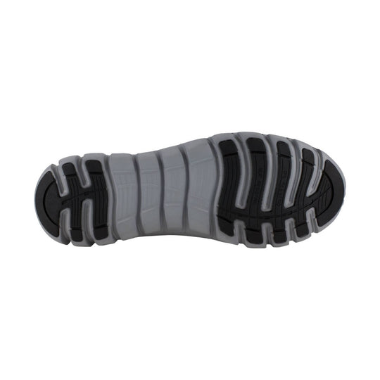 Gray and black slip-resistant work boot outsole with deep tread, shown from the bottom