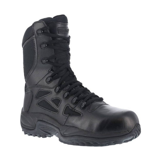 Black lace-up work boot with side panels, padded collar, and reinforced toe