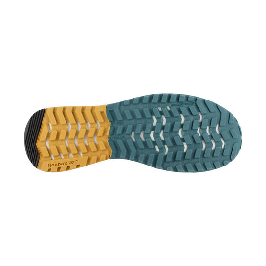 Trail shoe outsole with teal and mustard tread and black heel insert