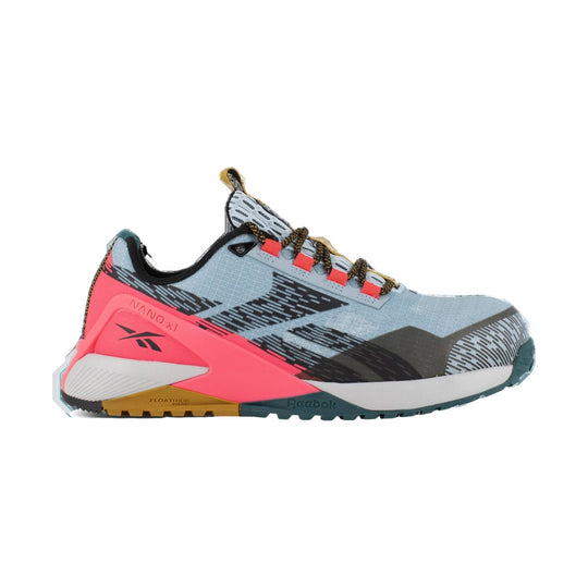 Low-profile athletic shoe with light blue mesh upper, pink heel panel, and black patterned overlays